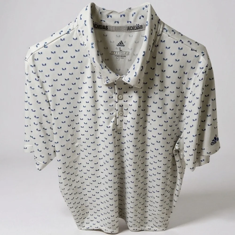 Adidas Golf Polo Shirt  Mens LARGE White All Over Print Performance UPF Stretch